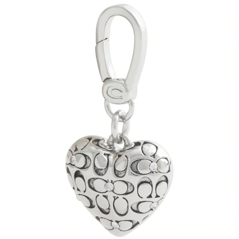 New Coach Silver Heart Charm Keychain with Logo Design - Picture 3 of 7